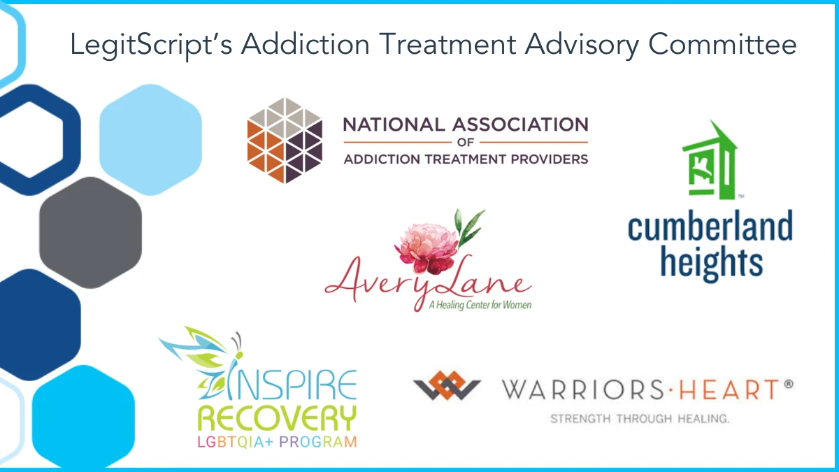 Banner for LegitScript's Addiction treatment advisory committee with partner logos