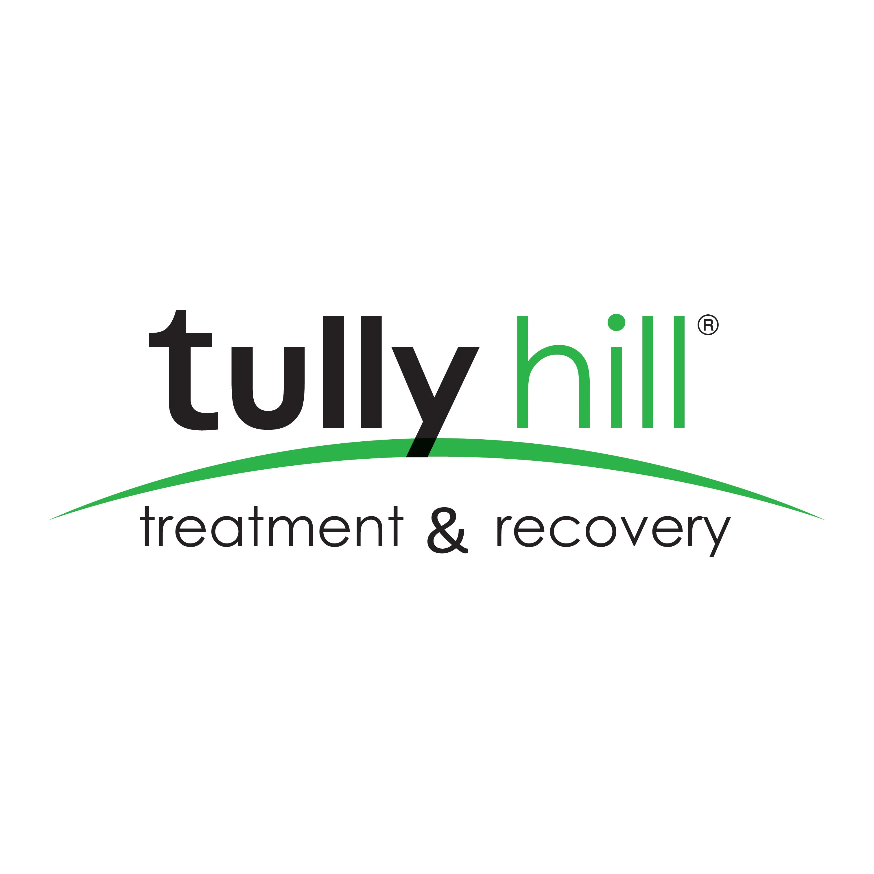 Tully Hill Treatment & Recovery logo featuring the words 'tully hill' in lowercase black and green text above a green curved line, with 'treatment & recovery' written below.