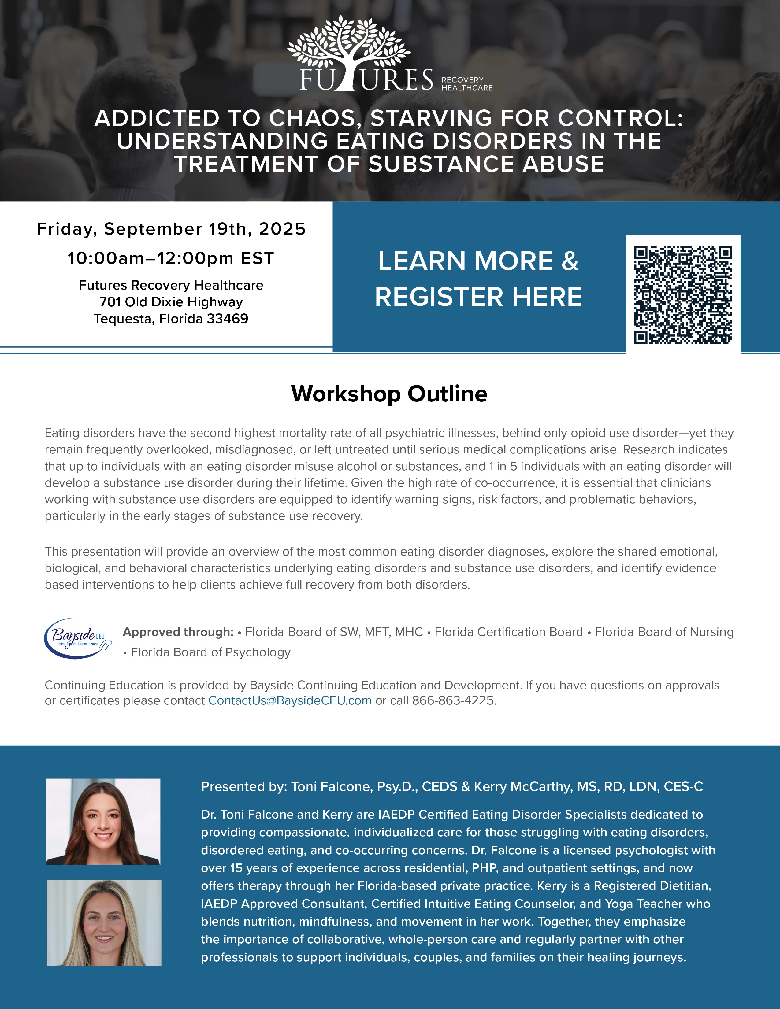 This presentation will provide an overview of the most common eating disorder diagnoses, explore the shared emotional, biological, and behavioral characteristics underlying eating disorders and substance use disorders, and identify evidence based interventions to help clients achieve full recovery from both disorders.