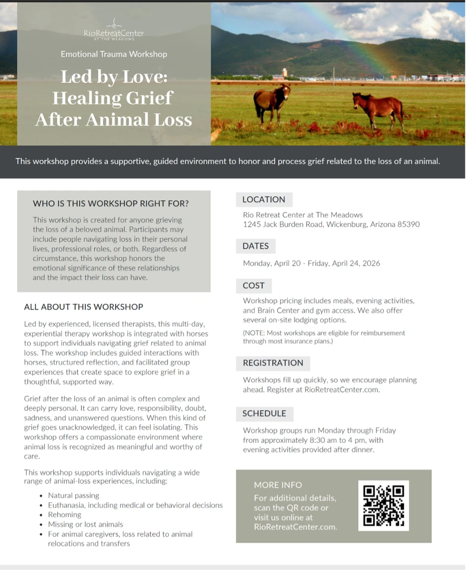 Promotional graphic for “Led by Love: Healing Grief After Animal Loss,” an equine-assisted emotional trauma workshop held April 20–24, 2026 at the Rio Retreat Center at The Meadows in Wickenburg, Arizona.