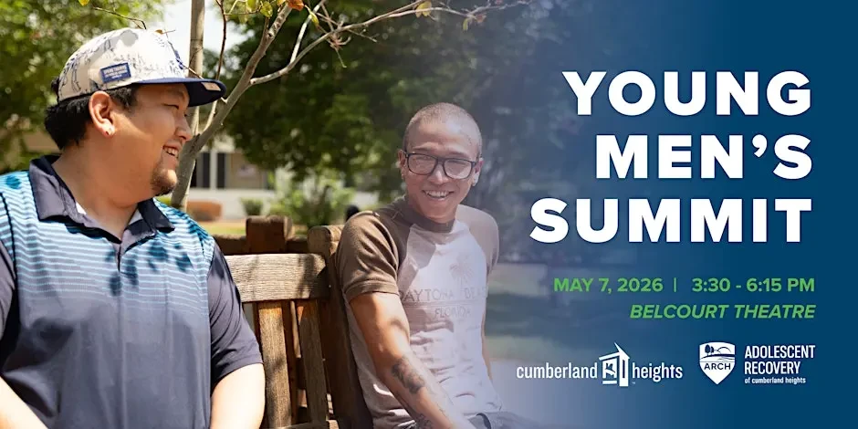 Two young men seated in a bench with text saying Young Men's Summit