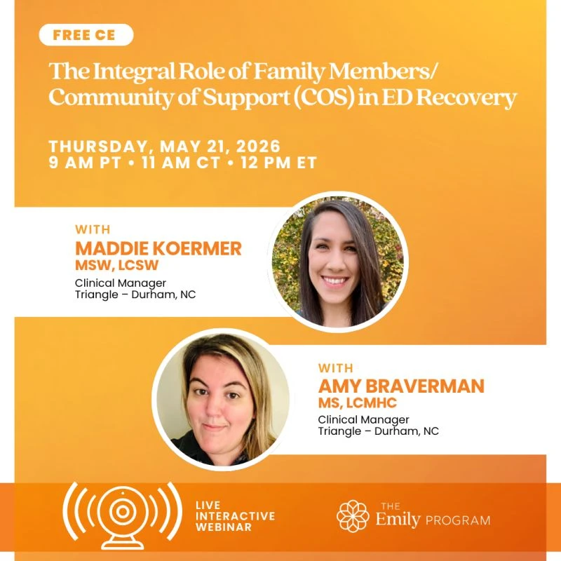 Promo for Engaging Supports in Eating Disorder Treatment Supports play such an integral role in the treatment of eating disorders. In this presentation, we will discuss benefits of engaging an individual's supports, impact of not involving supports, ways to engage supports, topics that are helpful to cover in treatment, common questions during treatment, and ways to navigate difficult treatment conversations. 